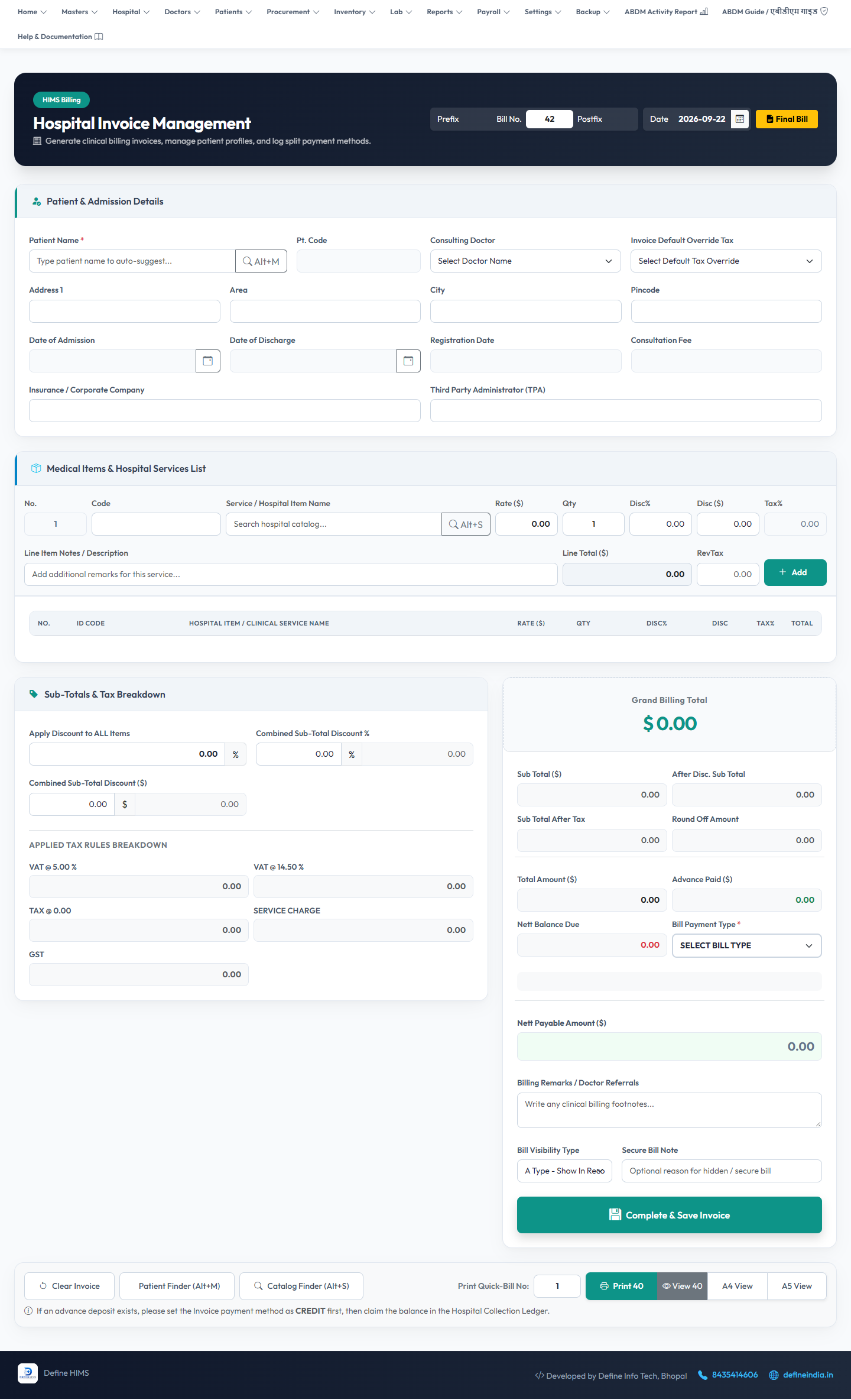 Hospital billing software and invoice management screen in DEFINE HIMS