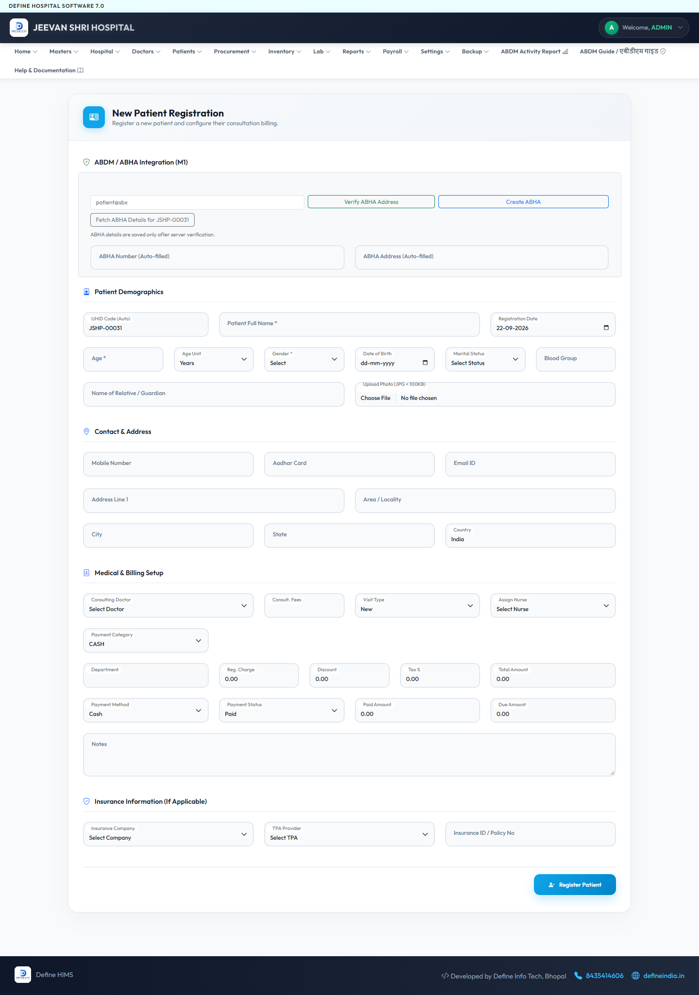 DEFINE HIMS OPD patient registration software screen with ABDM M1